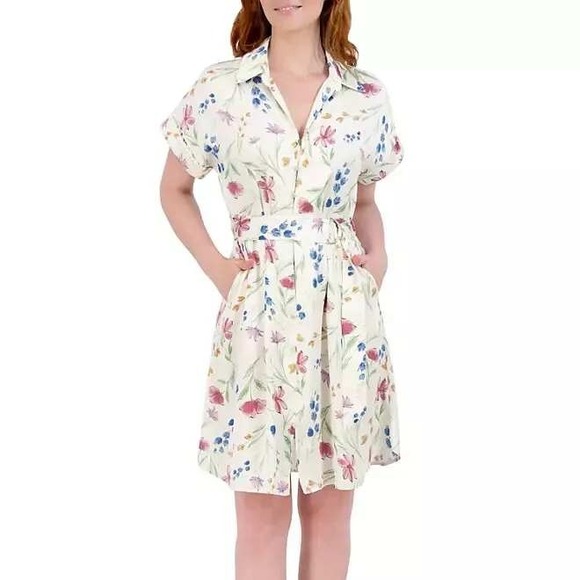 French Connection Dresses & Skirts - Floral Print Dress Short Sleeve Button Down Shirt Dress with Belt Size M /#5369